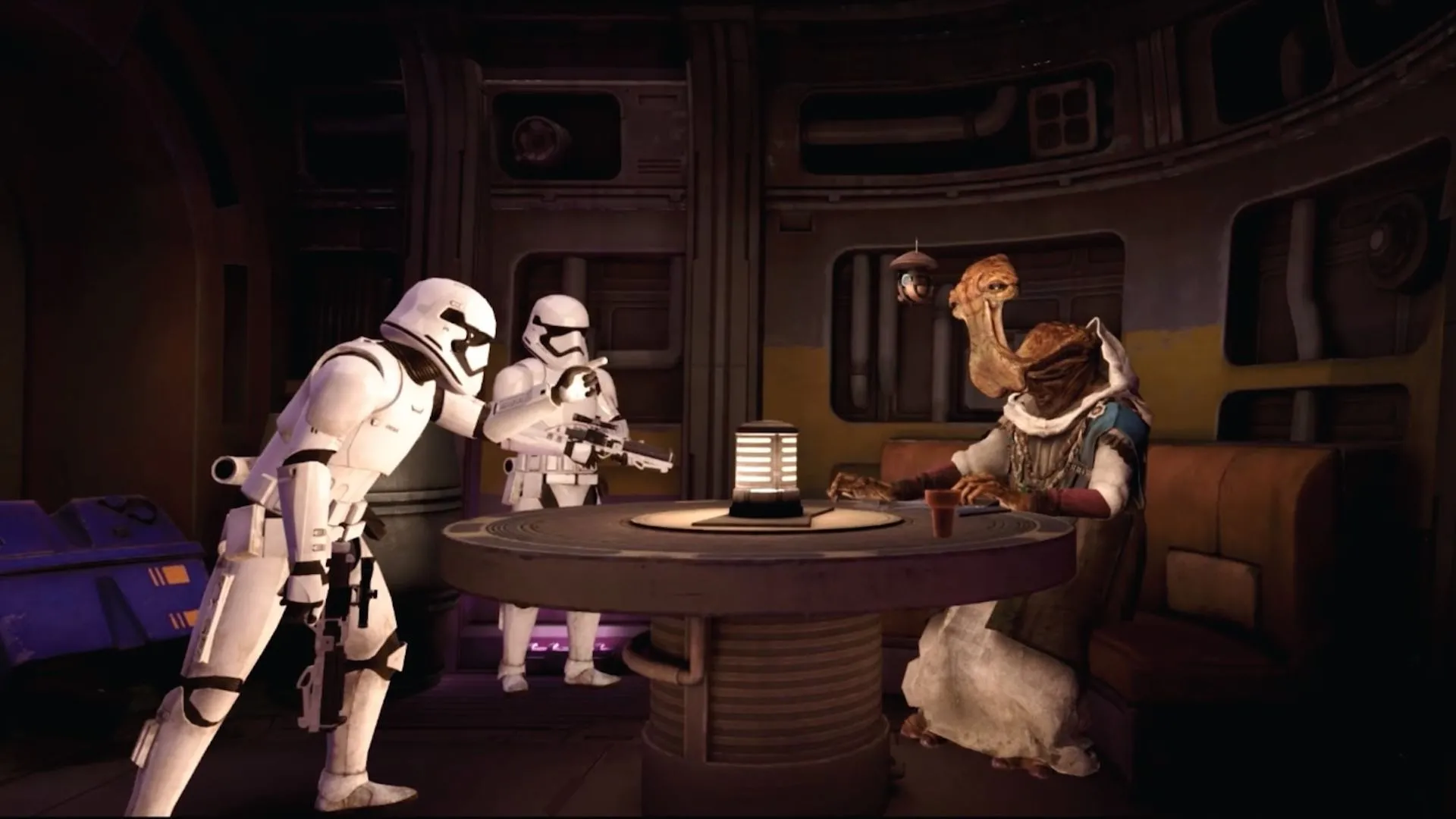Hai Stormtrooper đang quở trách Dok-Ondar trong game VR Star Wars: Tales from the Galaxy’s Edge