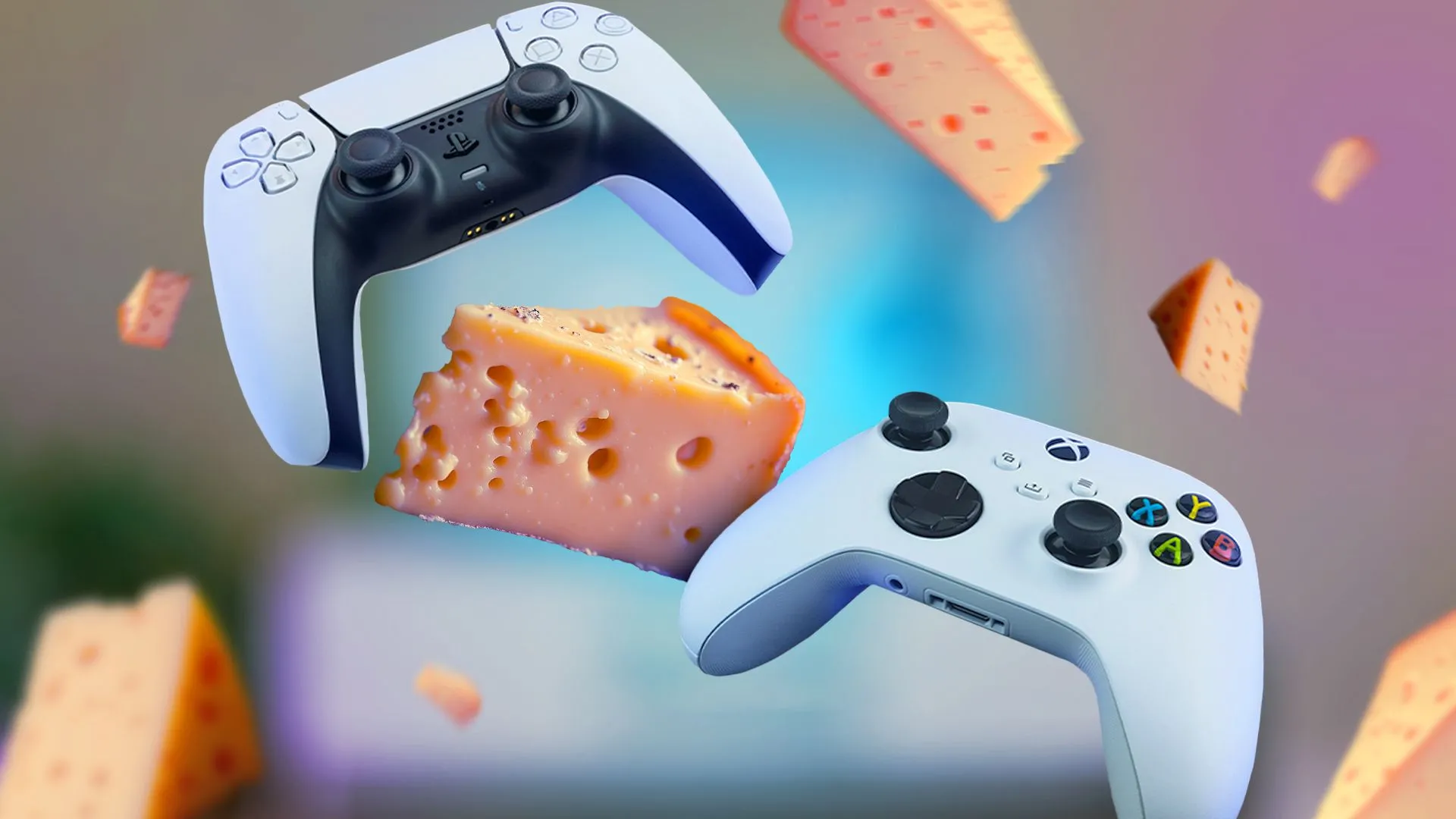 Hai tay cầm chơi game PlayStation 5 và Xbox Series S cùng với các miếng phô mai xung quanh, tượng trưng cho chiến thuật &quot;cheesing&quot; trong game