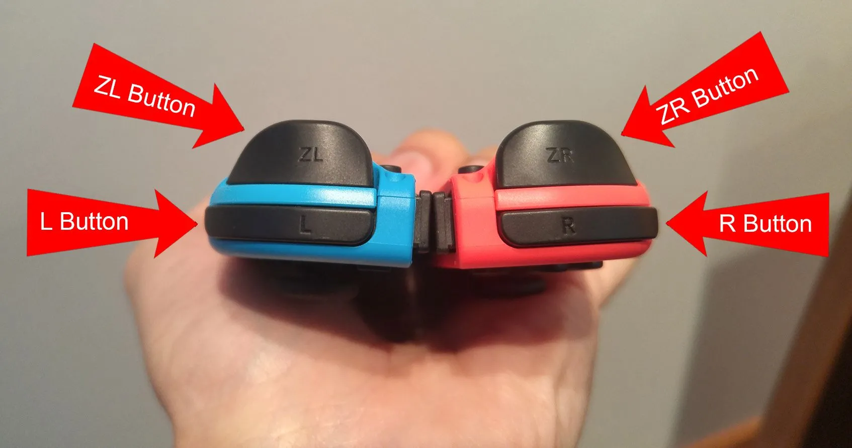 Hai tay cầm Joy-Con với các nút vai được đánh dấu bằng mũi tên đỏ