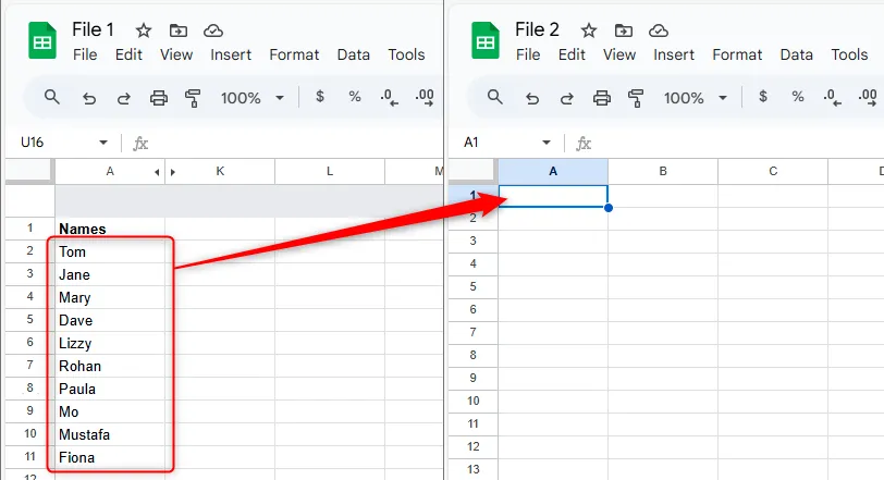 Hai tệp Google Sheets. Một tệp có danh sách tên ở cột A, và tệp kia trống.