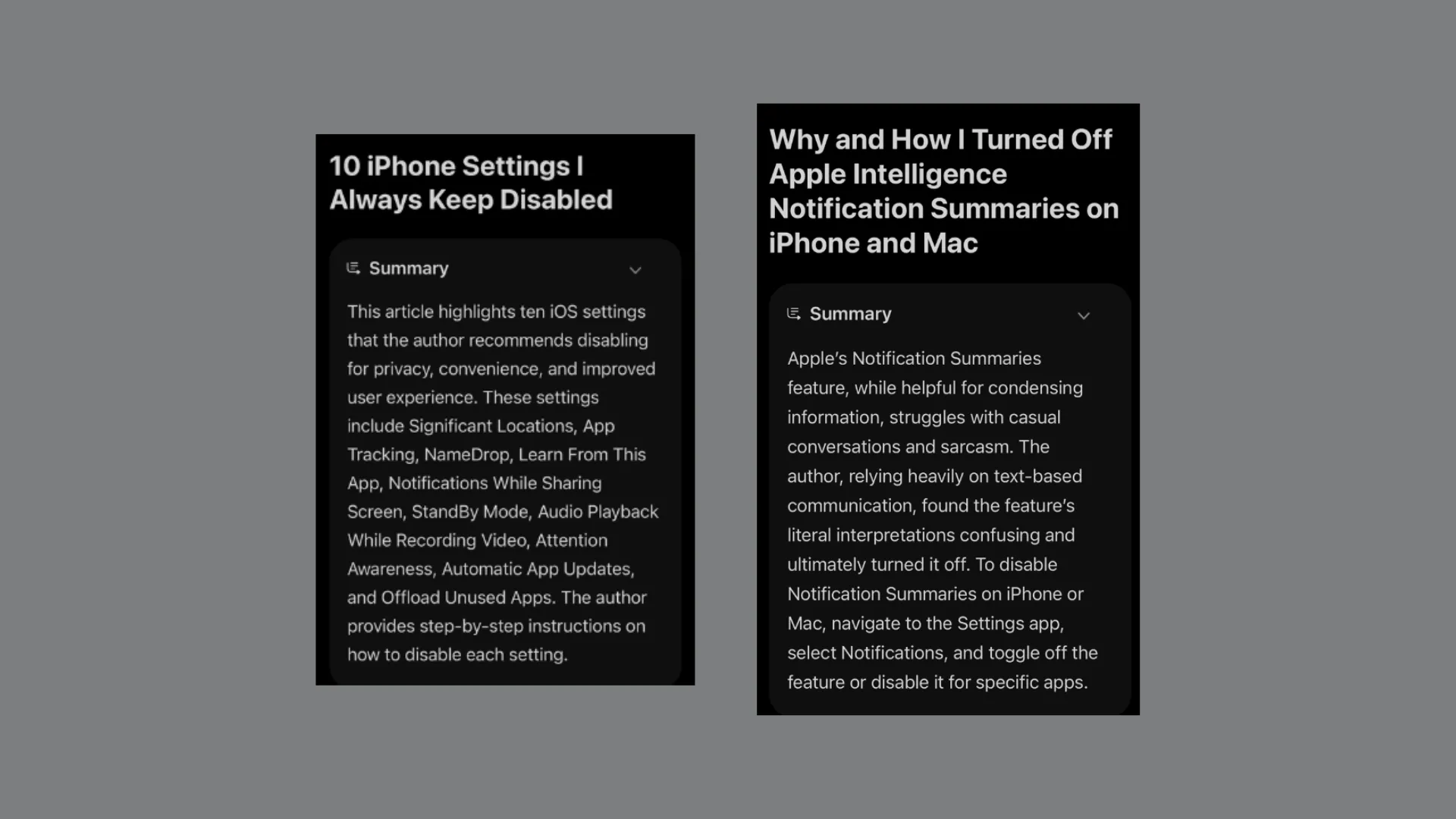 Hai ví dụ về tính năng Webpage Summaries của Apple Intelligence hoạt động hiệu quả, tóm tắt chính xác nội dung các bài viết khách quan và hướng dẫn