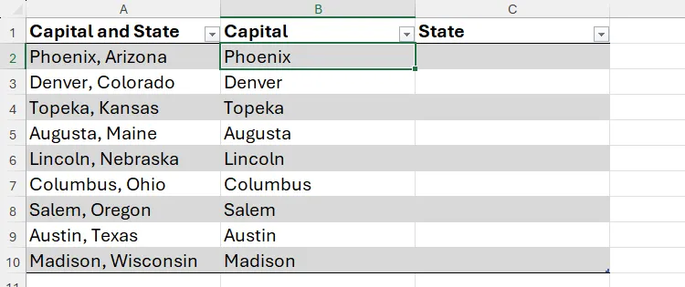 Hàm TEXTBEFORE trong Excel được sử dụng để trích xuất tên thủ đô vào cột B.