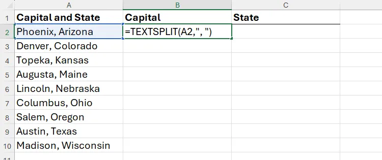 Hàm TEXTSPLIT trong Microsoft Excel được sử dụng để tách thủ đô và tiểu bang thành các cột riêng biệt.