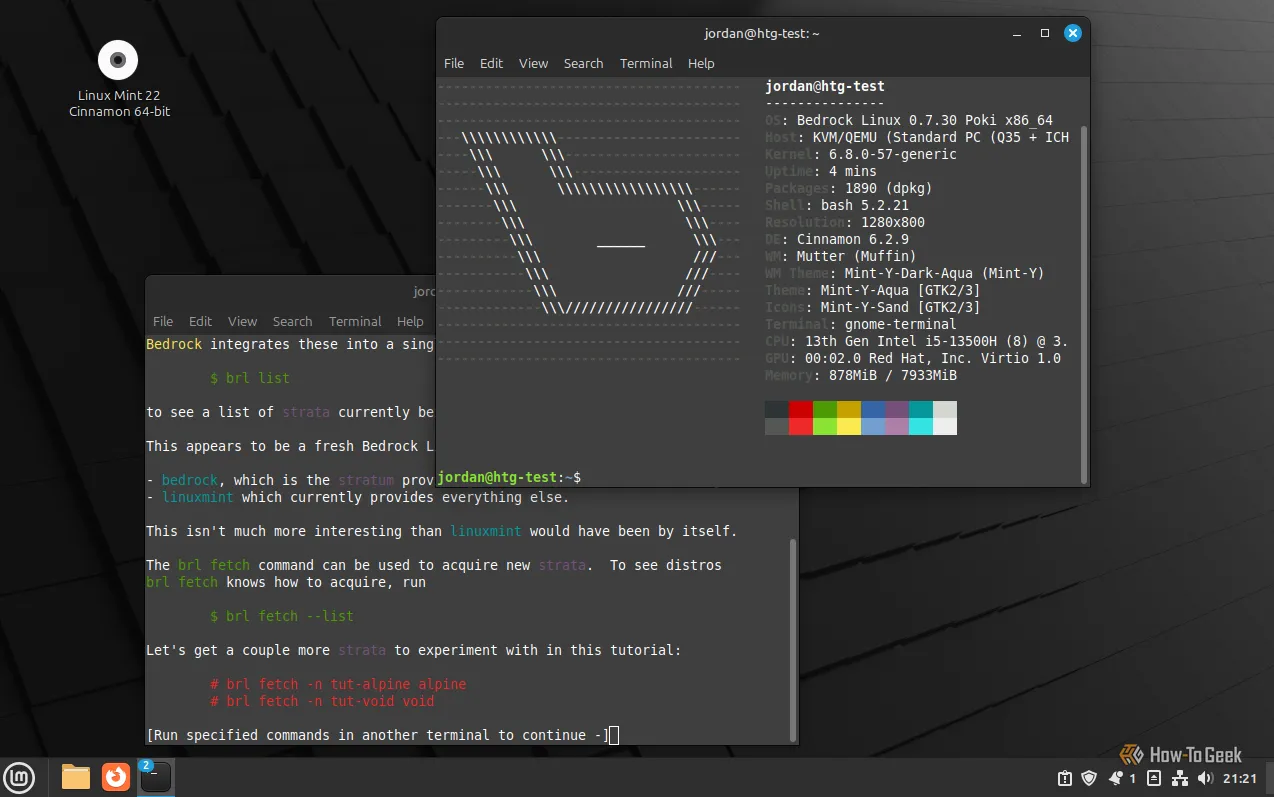 Hệ điều hành Bedrock Linux được cài đặt trên môi trường desktop Linux Mint Cinnamon, minh họa khả năng kết hợp các thành phần distro khác.