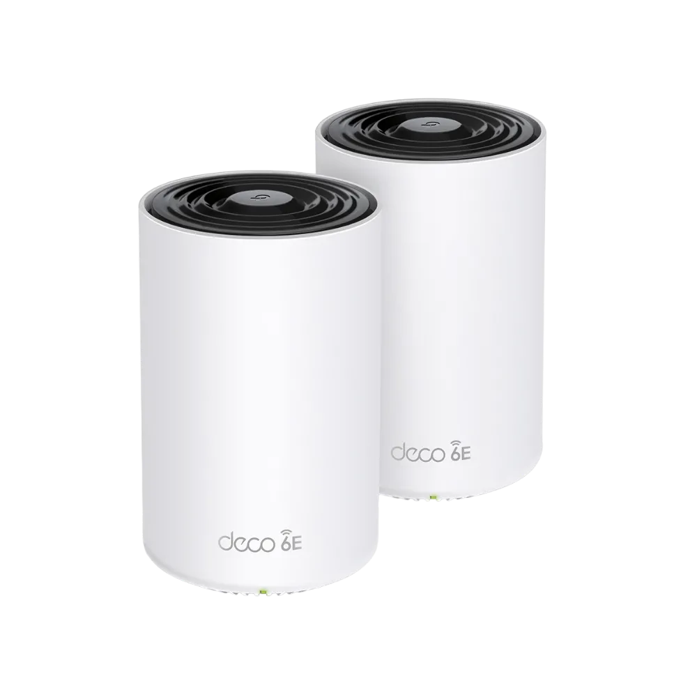 Hệ thống Wi-Fi Mesh TP-Link Deco XE75 gồm hai bộ phát hình trụ màu trắng