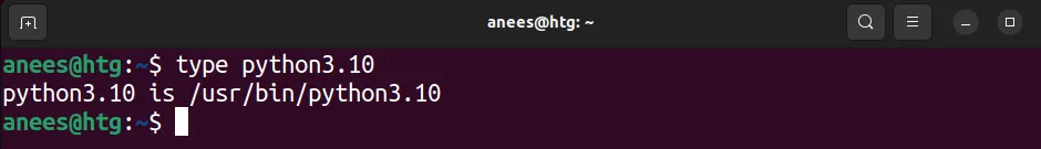 Hiển thị đường dẫn của tệp thực thi Python3.10 bằng lệnh type trong Linux