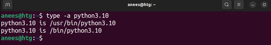Hiển thị tất cả các đường dẫn trùng khớp của tệp thực thi Python3.10 bằng lệnh type -a