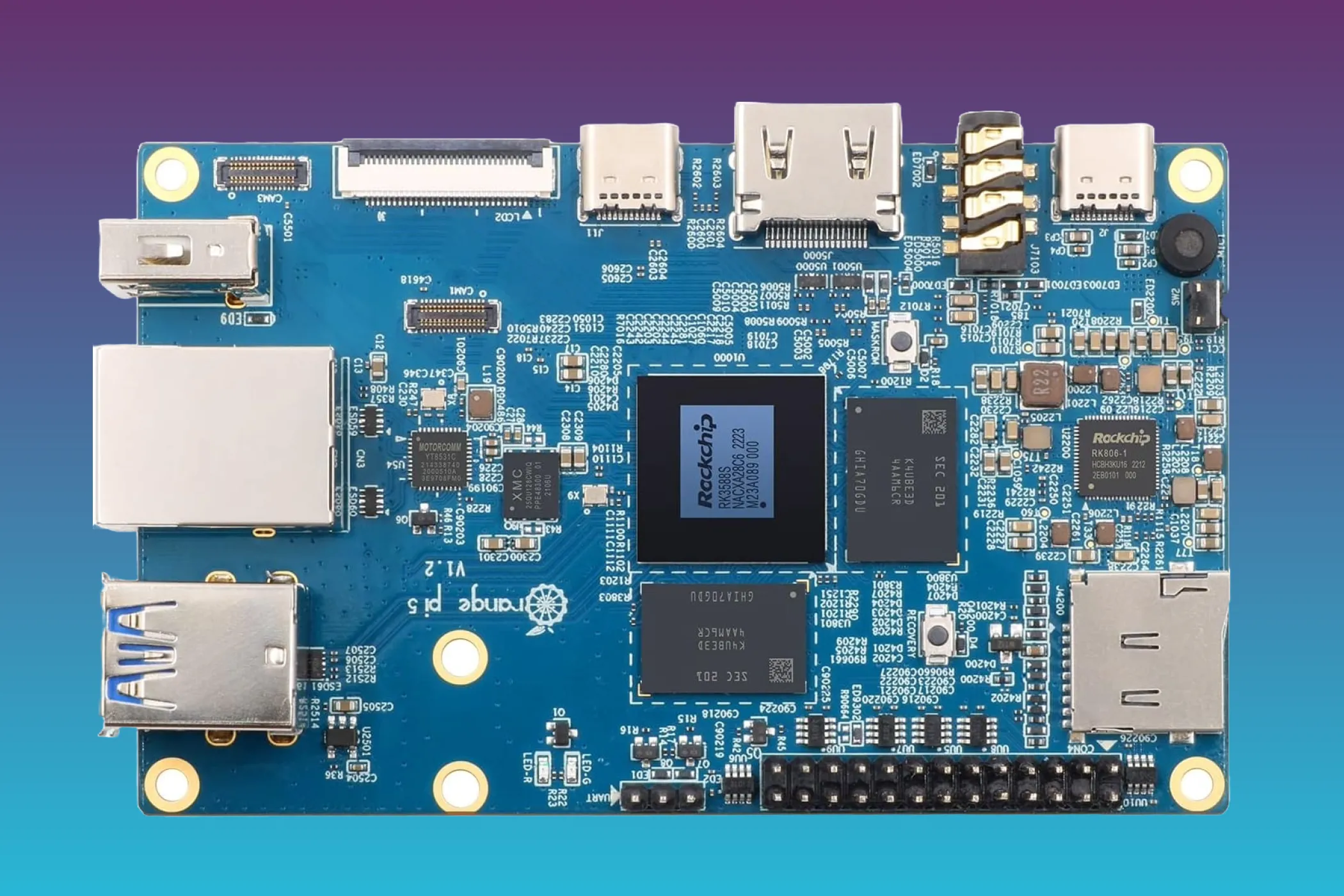 Hình ảnh bo mạch Orange Pi 5 trên nền tím, làm nổi bật thiết kế và các cổng I/O