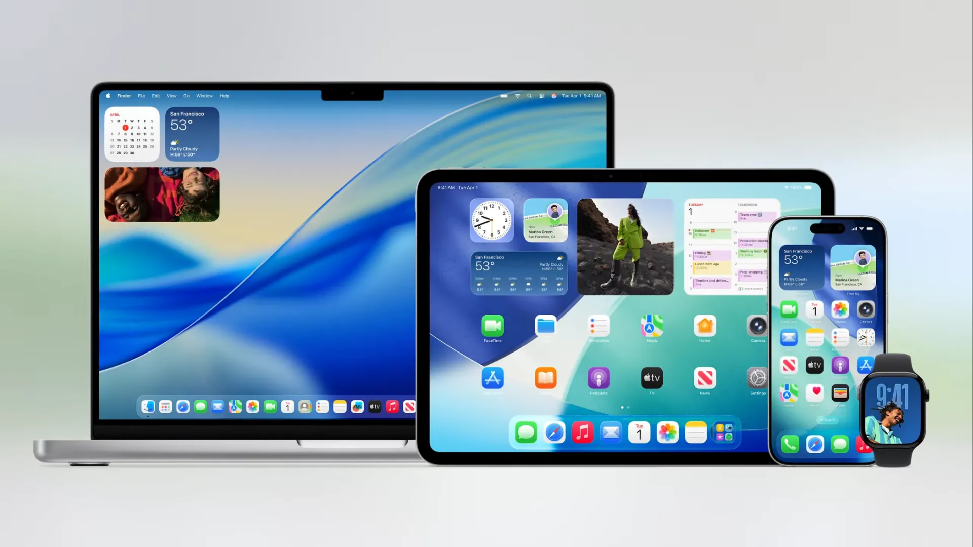 Hình ảnh các hệ điều hành Apple mới nhất trên MacBook, iPad, iPhone và Apple Watch, minh họa sự đa dạng nhưng thiếu nhất quán trong tên gọi phiên bản hiện tại.