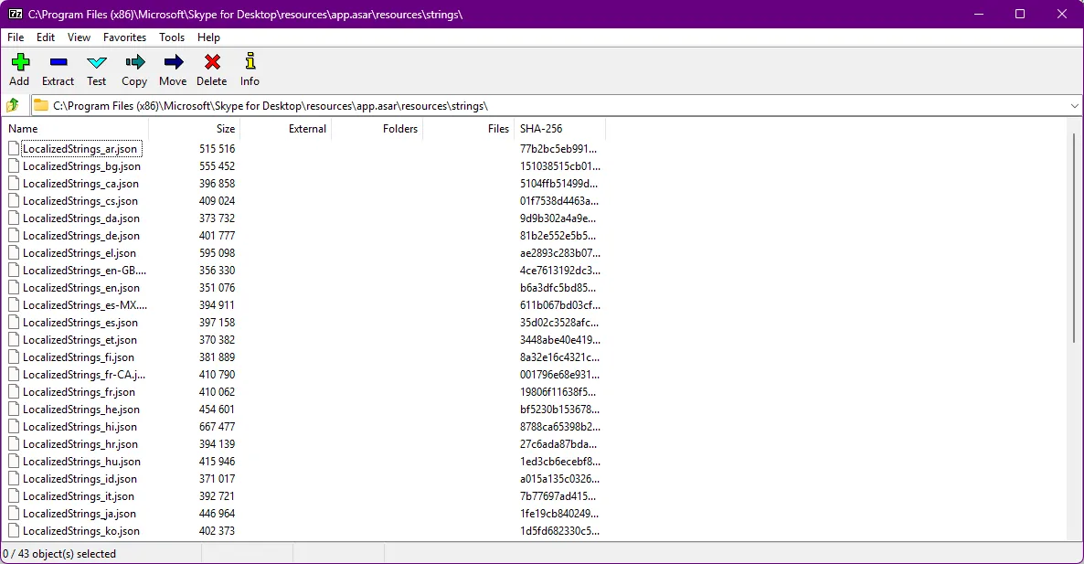 Hình ảnh các tệp chuỗi ngôn ngữ trong mã nguồn ứng dụng Skype Insider, hiển thị thông báo ngừng hoạt động và hướng dẫn chuyển đổi sang Microsoft Teams.