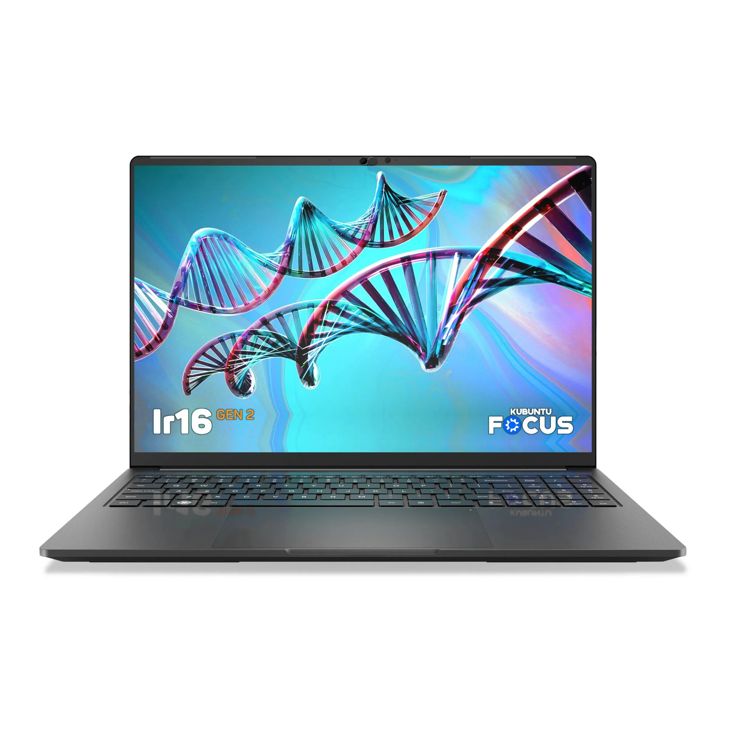 Hình ảnh cận cảnh laptop Kubuntu Focus Ir16 Gen 2 trên nền trắng, nổi bật thiết kế và phần cứng của dòng máy tính Linux này.
