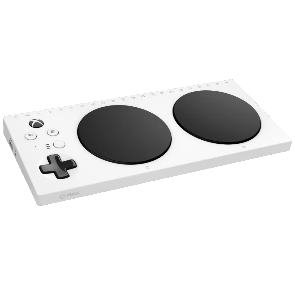 Hình ảnh cận cảnh tay cầm thích ứng Xbox (Xbox Adaptive Controller), thiết bị nền tảng cho các giải pháp hỗ trợ chơi game.