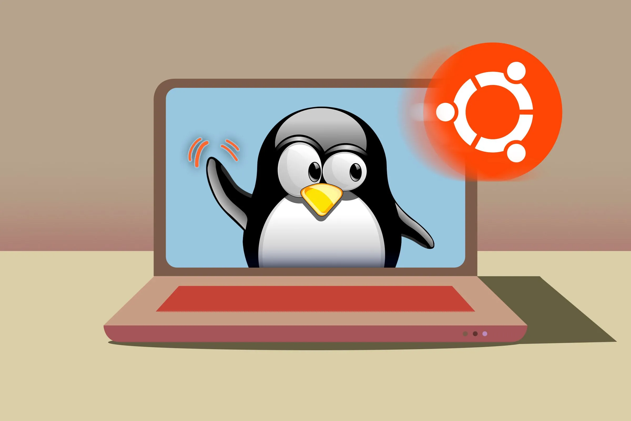 Hình ảnh chú chim cánh cụt Tux tạm biệt logo Ubuntu, minh họa cho sự thay đổi hoặc so sánh giữa các bản phân phối Linux