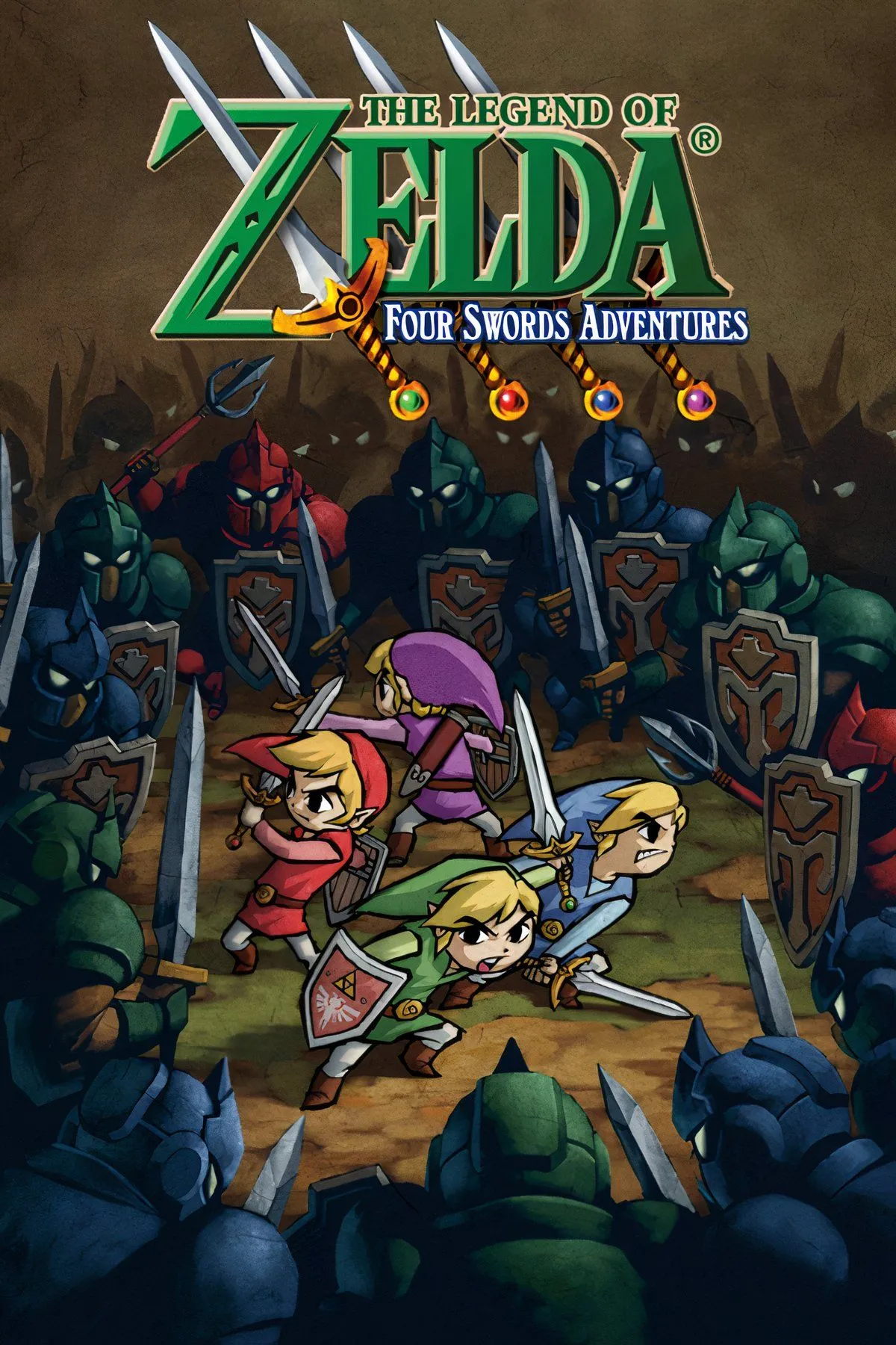 Hình ảnh chụp màn hình trong game của The Legend of Zelda: Four Swords Adventures với nhiều phiên bản Link