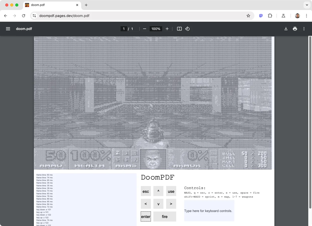 Hình ảnh game bắn súng kinh điển DOOM được hiển thị bên trong một tài liệu PDF, chạy trên trình duyệt Google Chrome.