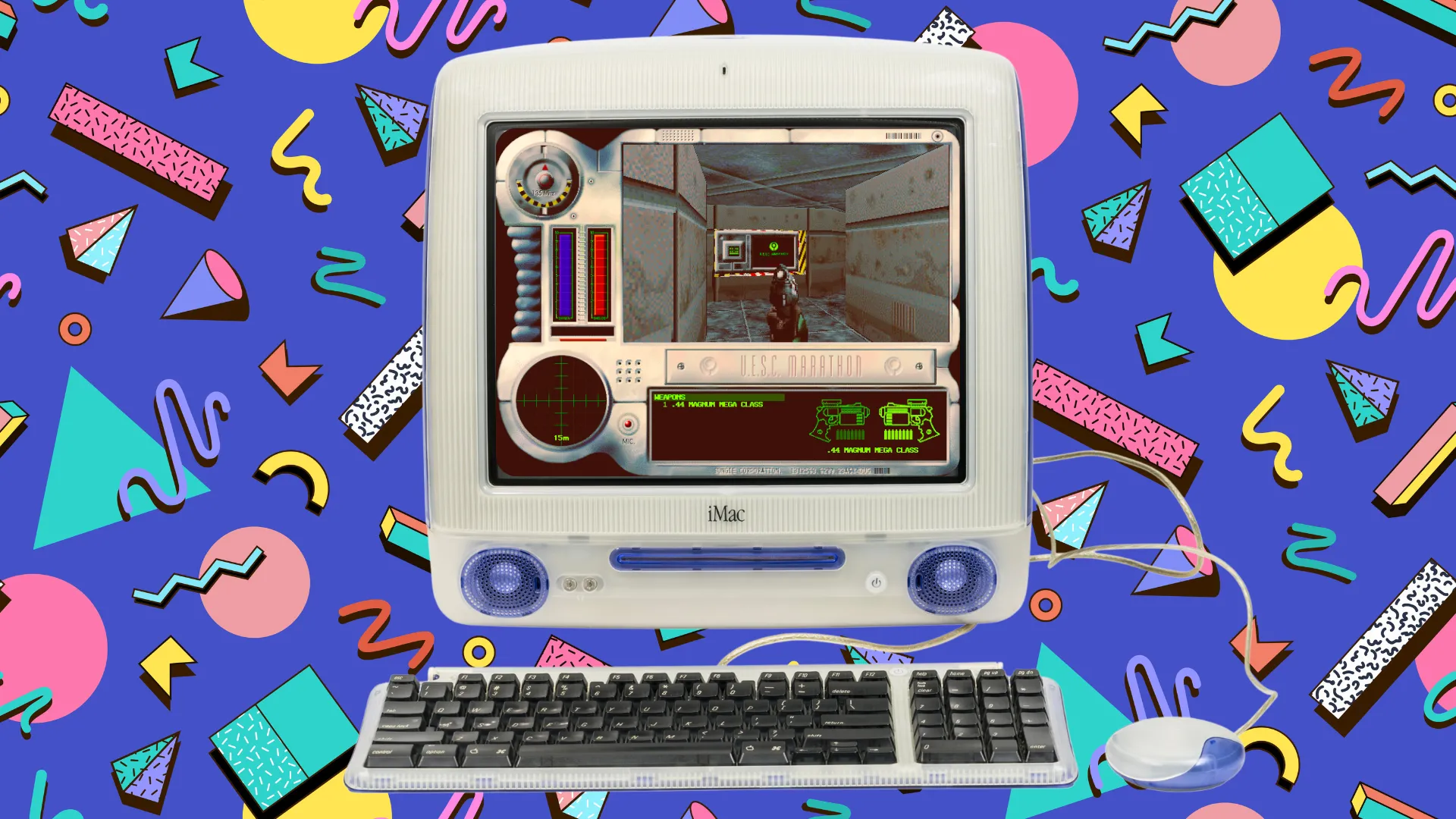 Hình ảnh game Marathon trên máy tính iMac G3 với phong cách thập niên 90