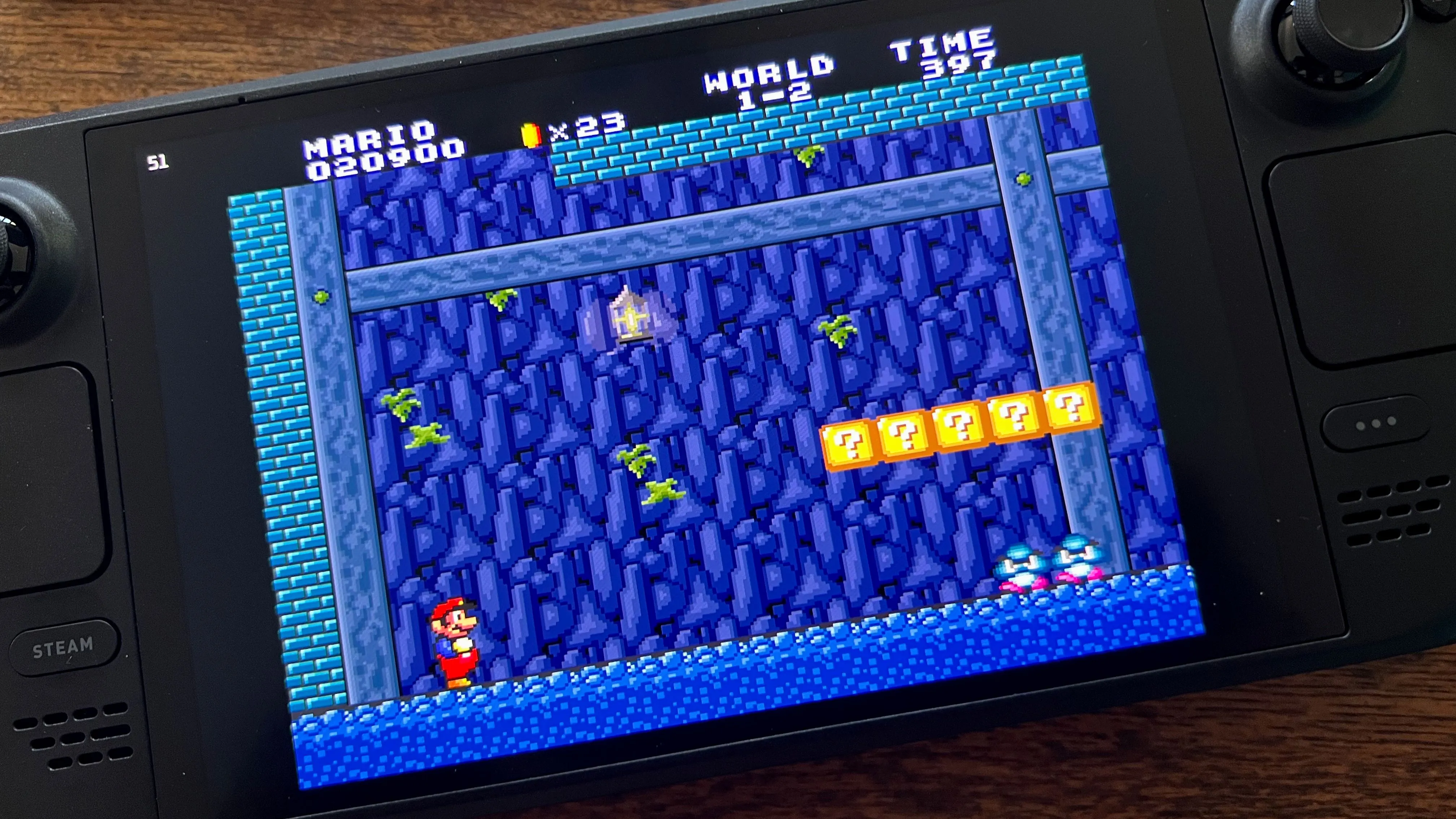 Hình ảnh game Super Mario All-Stars hiển thị trên màn hình Steam Deck, minh họa cách game cổ điển trông đẹp mắt trên tỷ lệ 16:10.