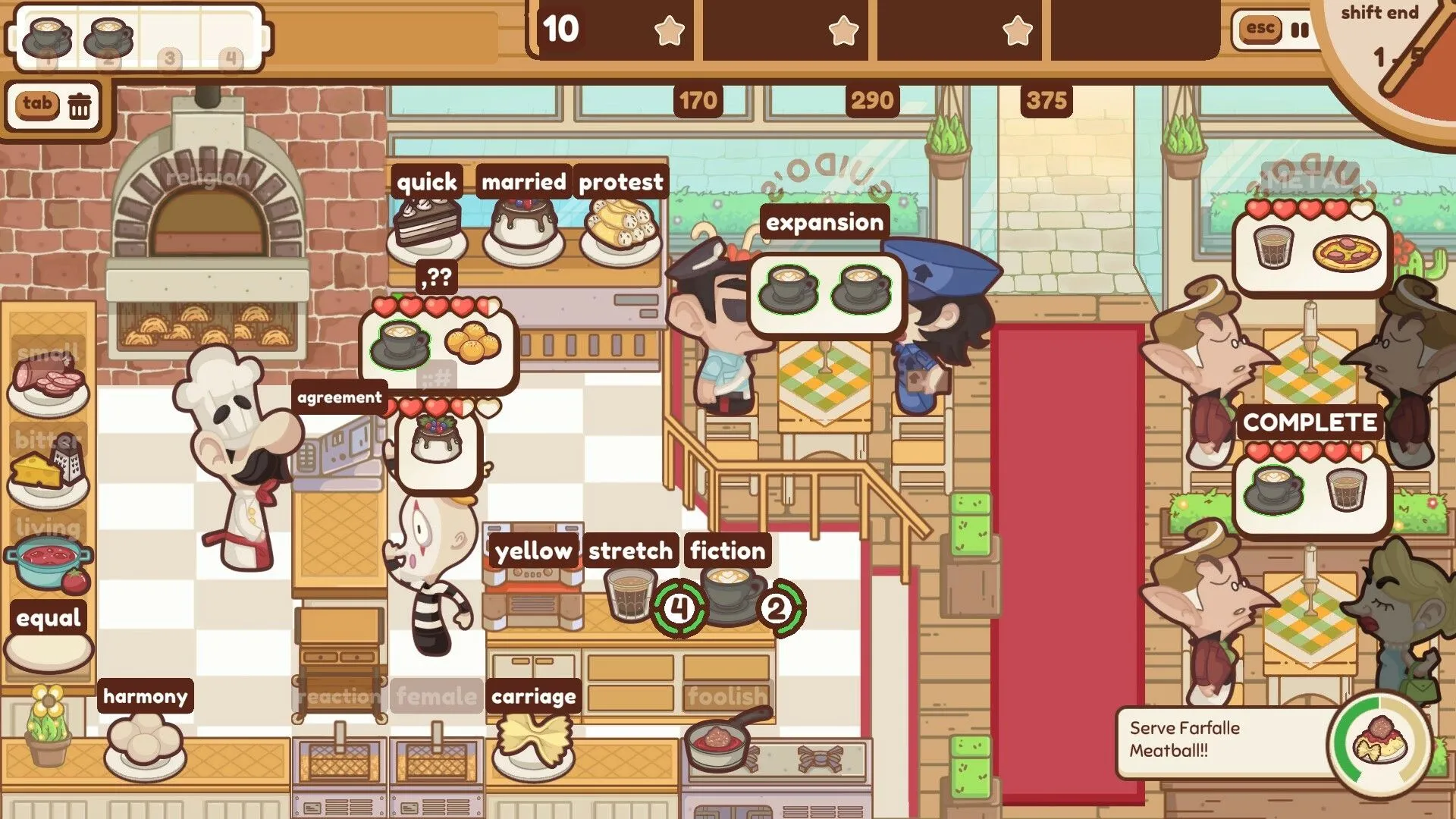Hình ảnh gameplay của The Chef's Shift, kết hợp nấu ăn và quản lý nhà hàng bằng cách gõ phím nhanh.