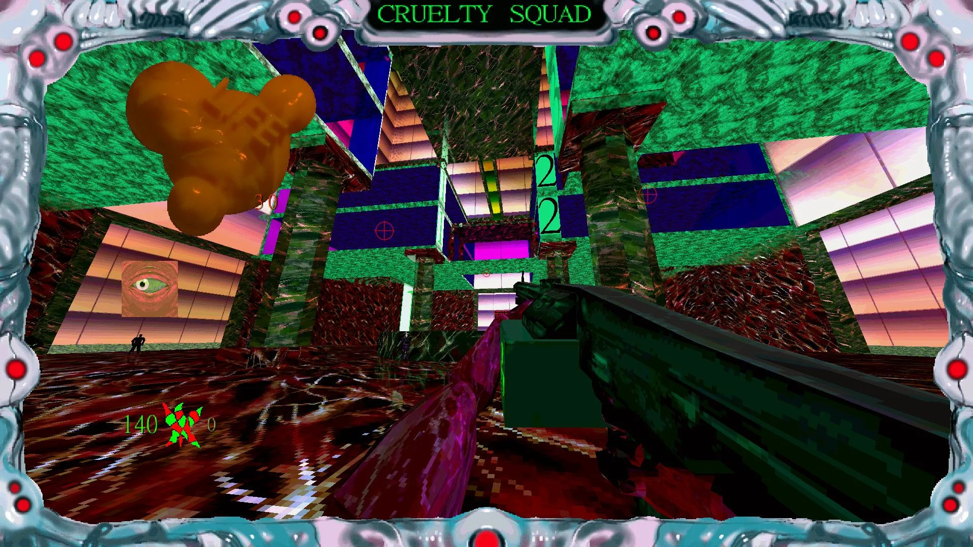 Hình ảnh gameplay gây &quot;nhức mắt&quot; từ game Cruelty Squad, nổi bật với đồ họa độc đáo và phong cách riêng