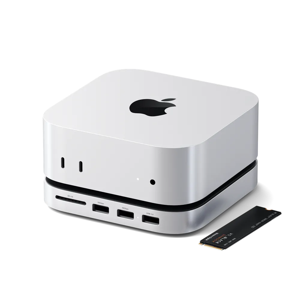 Hình ảnh Hub Satechi Mac Mini M4, hiển thị các cổng kết nối và khe SSD