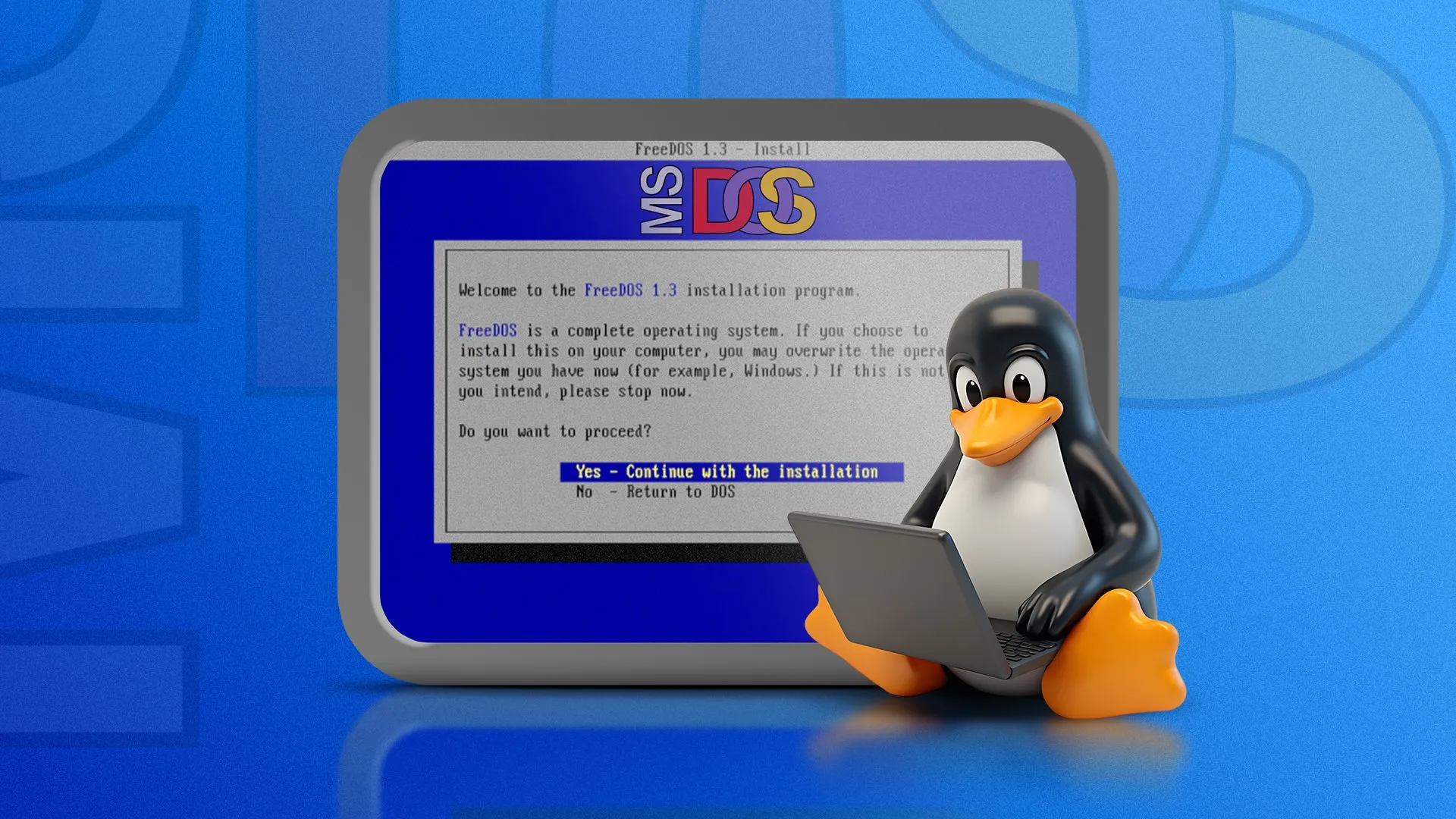 Hình ảnh linh vật Linux bên cạnh màn hình FreeDOS cổ điển