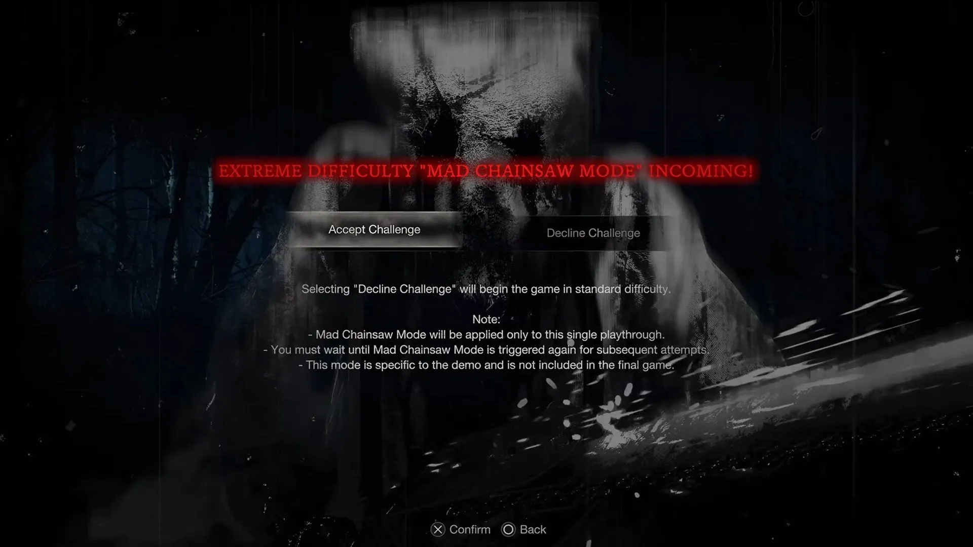 Hình ảnh màn chơi Mad Chainsaw Mode từ bản demo Resident Evil 4 (2023), một ví dụ về demo chứa nội dung độc đáo và độ khó mở rộng không có trong bản game đầy đủ.