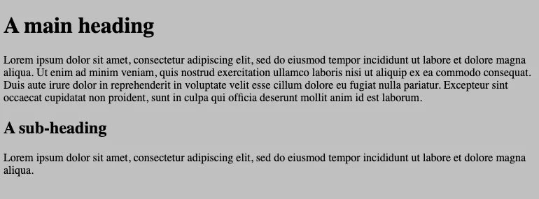 Hình ảnh minh họa các kiểu mặc định của HTML cho tiêu đề và đoạn văn, hiển thị chữ lớn và in đậm