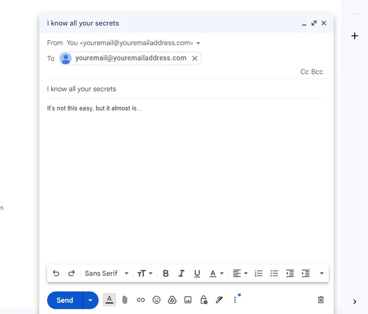 Hình ảnh minh họa một email được gửi đi và nhận lại bởi chính một địa chỉ email, thể hiện hành vi giả mạo (spoofing).