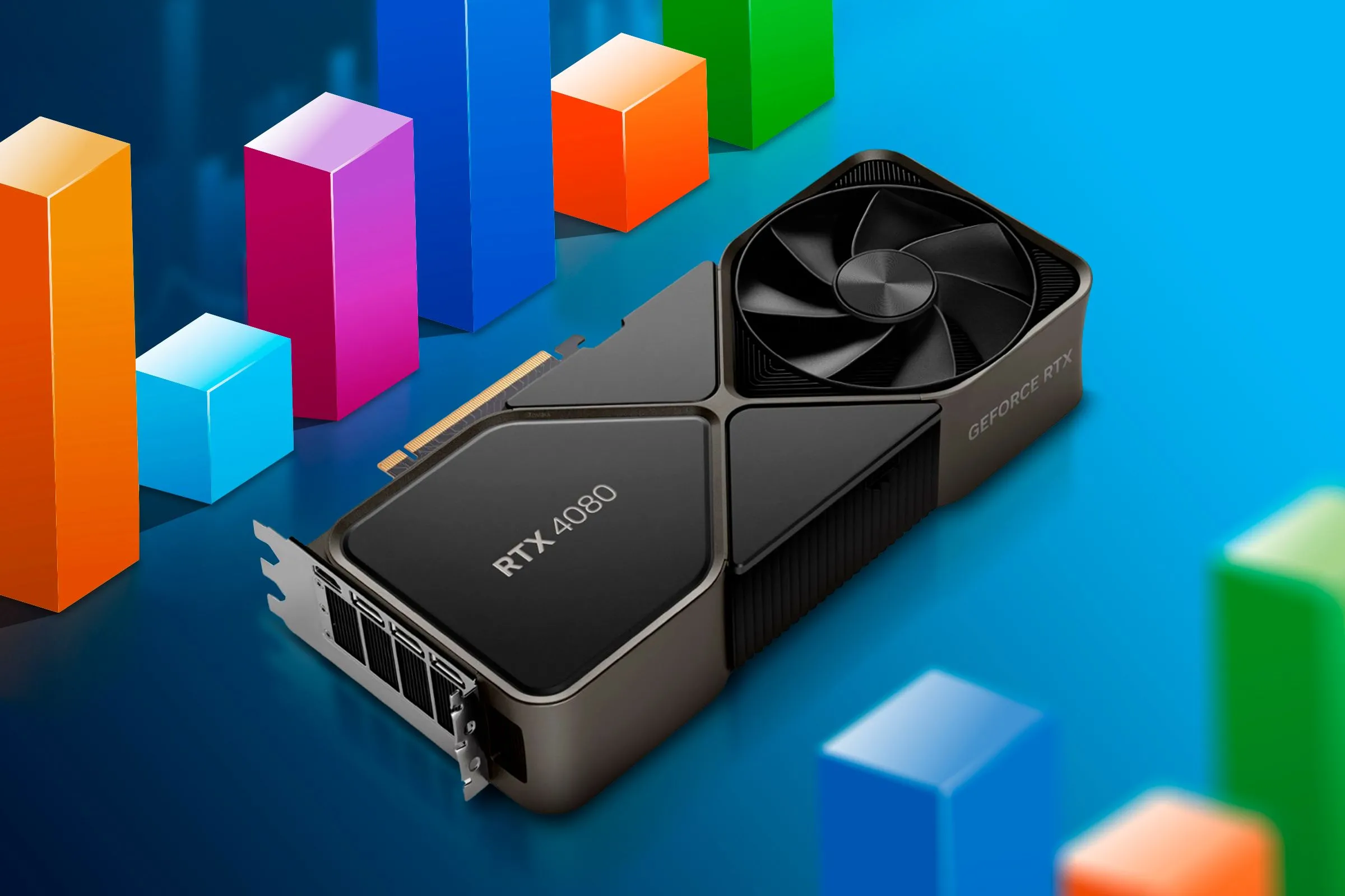 Hình ảnh minh họa một GPU cùng các biểu đồ benchmark, tượng trưng cho hiệu suất và độ ổn định hệ thống