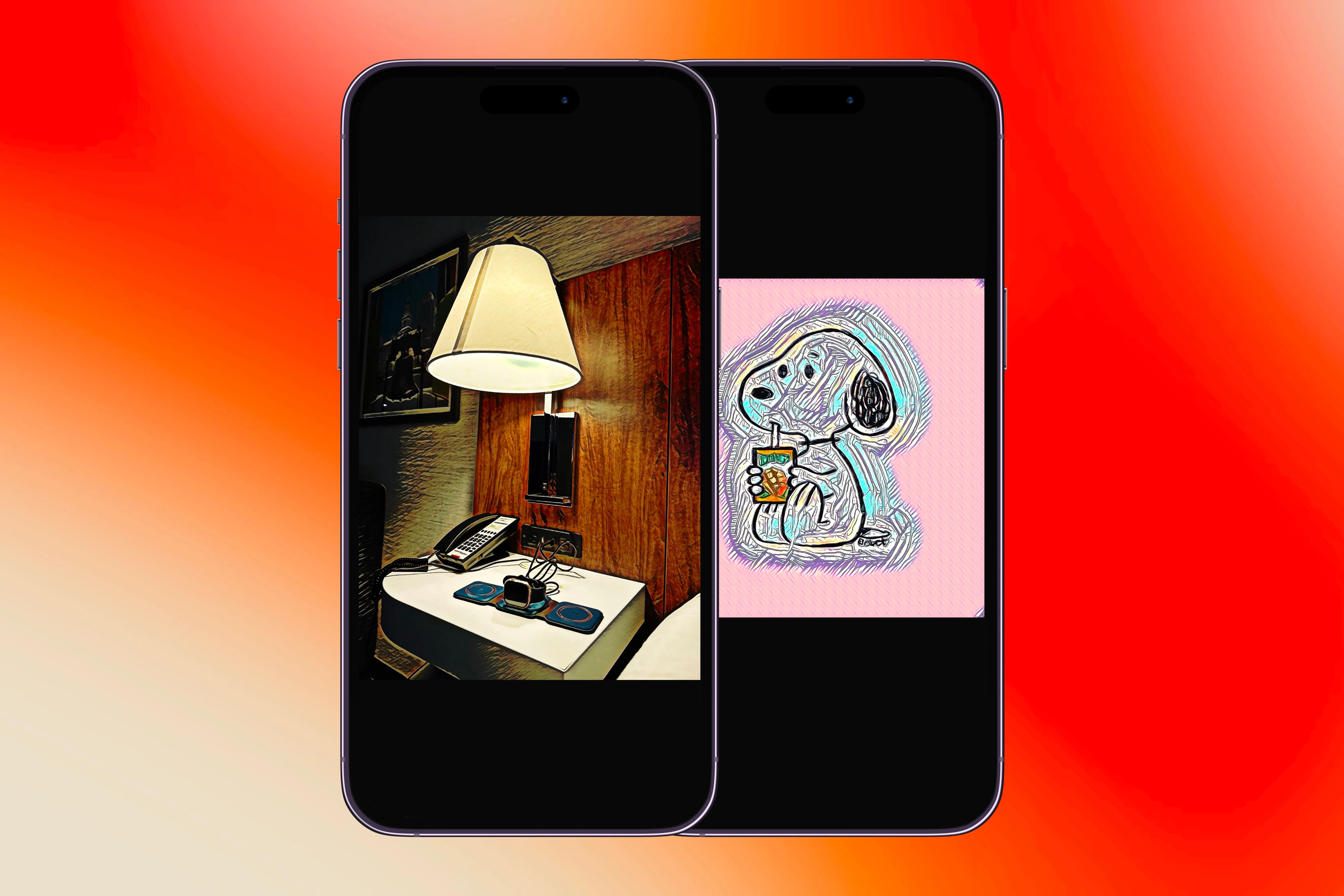Hình ảnh một chiếc đèn và Snoopy được hiển thị trong ứng dụng Visionist trên hai chiếc iPhone khác nhau, thể hiện các hiệu ứng nghệ thuật đa dạng.