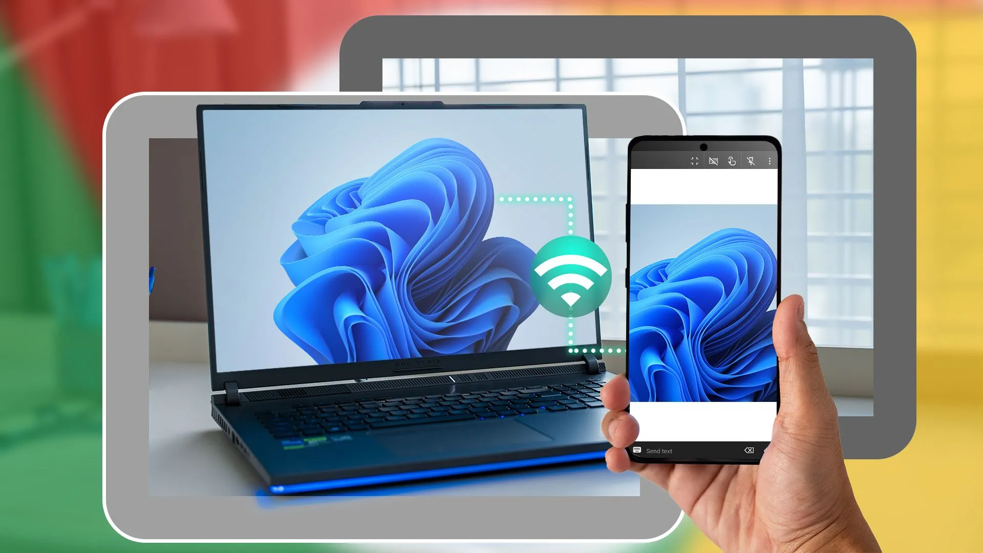 Hình ảnh một chiếc laptop Windows 11 được điều khiển từ xa thông qua ứng dụng trên điện thoại iPhone.