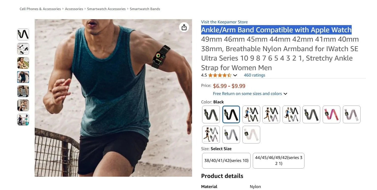 Hình ảnh một dây đeo Apple Watch chuyên dụng cho mắt cá chân được bán trên Amazon, thể hiện xu hướng phụ kiện mới.