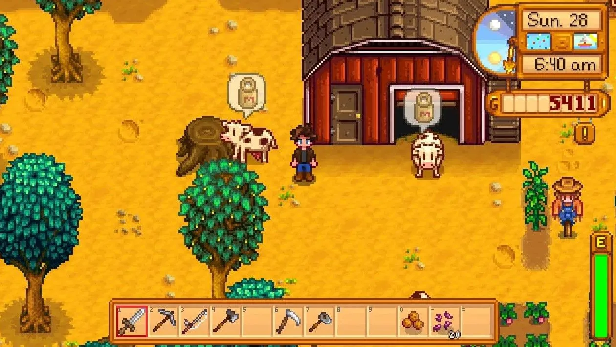 Hình ảnh một trang trại trong game Stardew Valley với những chú bò có biểu tượng cần chăm sóc, minh họa một trong những tựa game có phiên bản native trên Linux.