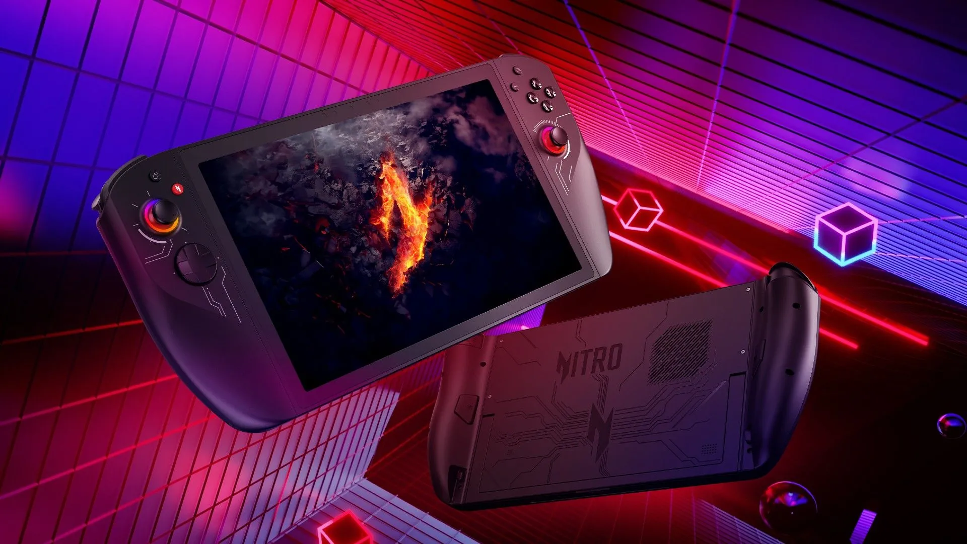 Hình ảnh nghệ thuật của Acer Nitro Blaze 11 trôi nổi trong không gian trên nền đỏ rực, nhấn mạnh thiết kế độc đáo của máy.