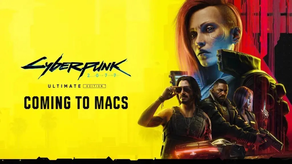 Hình ảnh nghệ thuật quảng bá game Cyberpunk 2077 cho macOS, minh họa tiềm năng game AAA trên hệ sinh thái Apple.