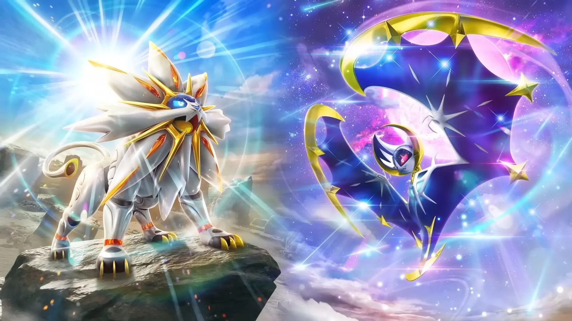 Hình ảnh quảng bá bản mở rộng Celestial Guardians của Pokémon TCG Pocket, nổi bật với Pokémon huyền thoại Lunala và Solgaleo từ vùng Alola.