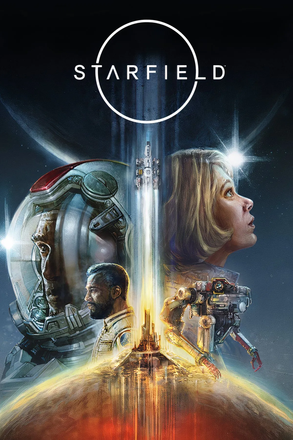 Hình ảnh quảng bá game Starfield với các nhân vật và phi thuyền