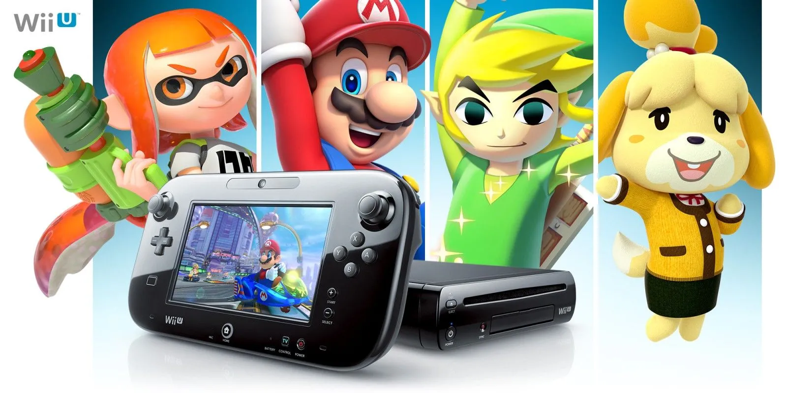 Hình ảnh quảng cáo bộ điều khiển Wii U GamePad của Nintendo, với màn hình tích hợp và các nút điều khiển