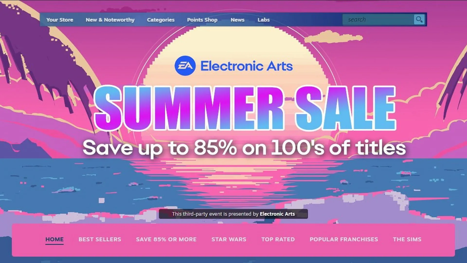 Hình ảnh quảng cáo chương trình Steam Summer Sale 2025, cho thấy các đợt giảm giá game thường xuyên trên nền tảng Steam.