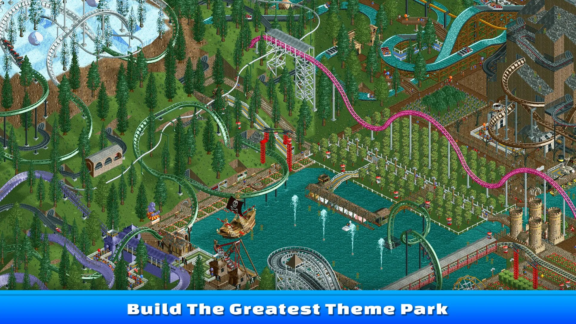Hình ảnh quảng cáo game RollerCoaster Tycoon với công viên giải trí rộng lớn và tàu lượn siêu tốc ấn tượng.