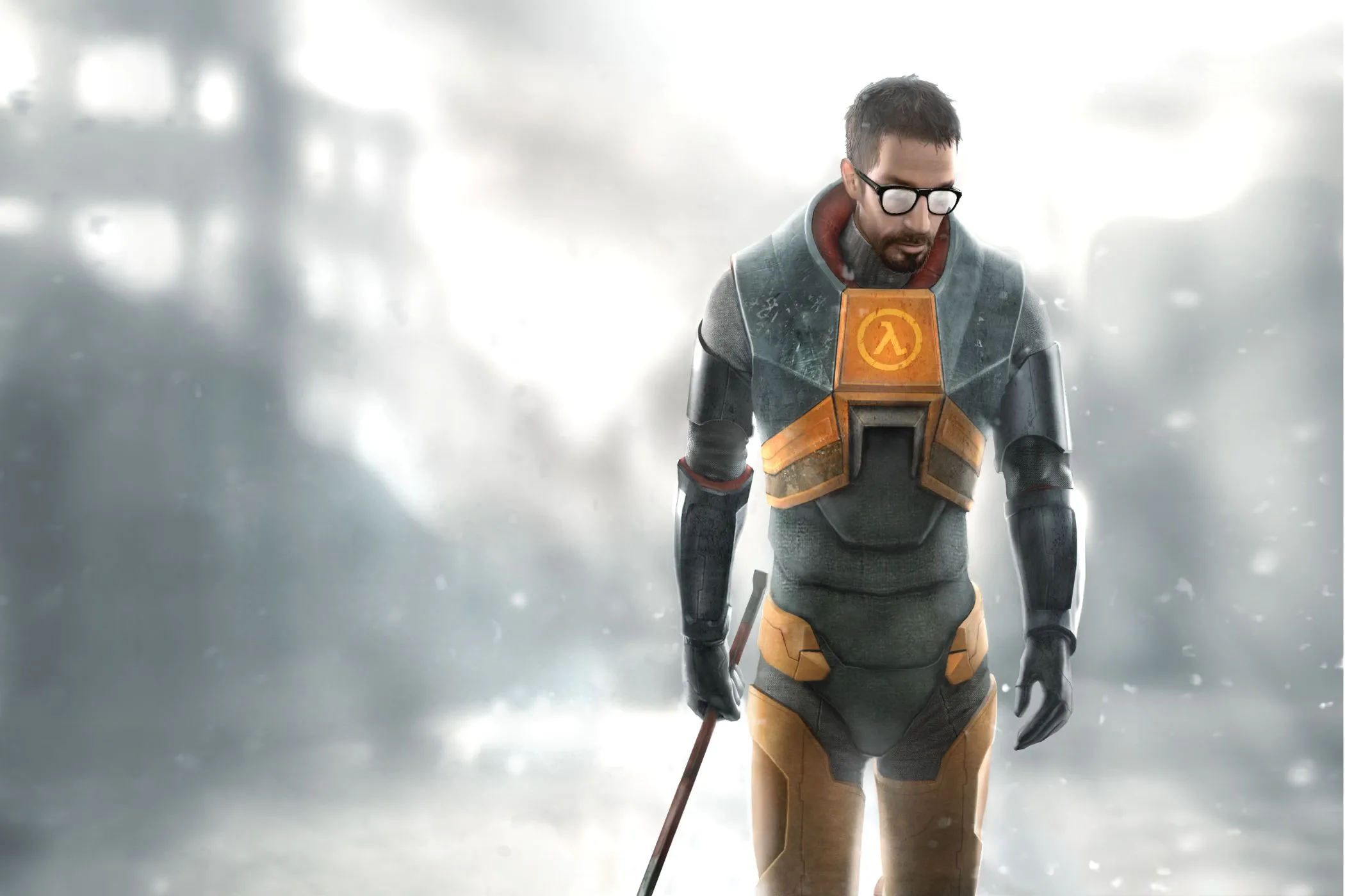 Hình ảnh quảng cáo Half-Life 2 của Gordon Freeman với chiếc xà beng đặc trưng của mình.