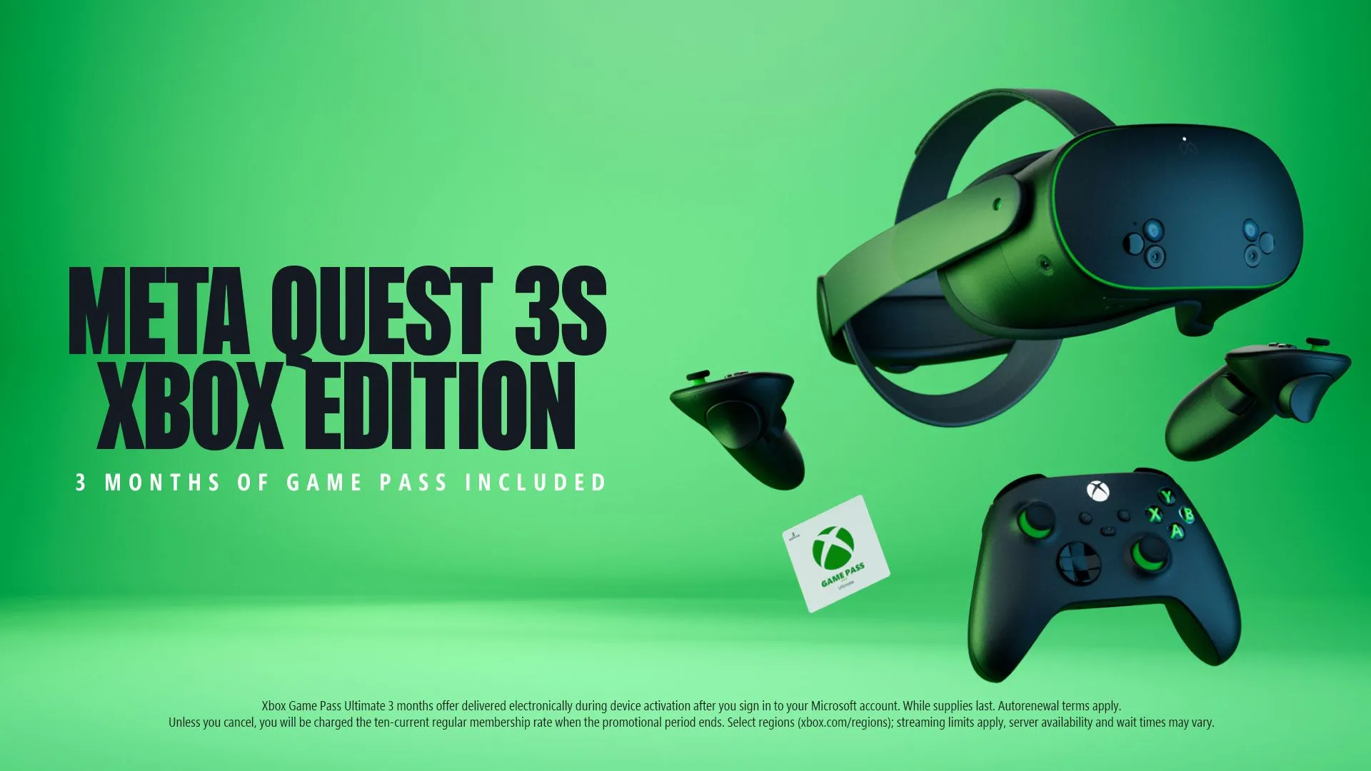 Hình ảnh quảng cáo Meta Quest 3S Xbox Edition với thiết kế màu đen xanh và tay cầm Xbox, đại diện cho kính thực tế ảo được gắn thương hiệu Xbox.