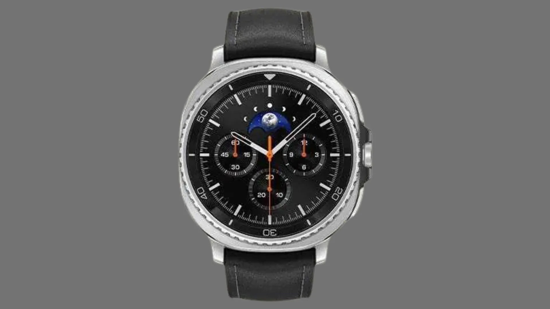 Hình ảnh render của Galaxy Watch 8 Classic trên nền xám, nổi bật với viền xoay vật lý và thiết kế 'squircle'