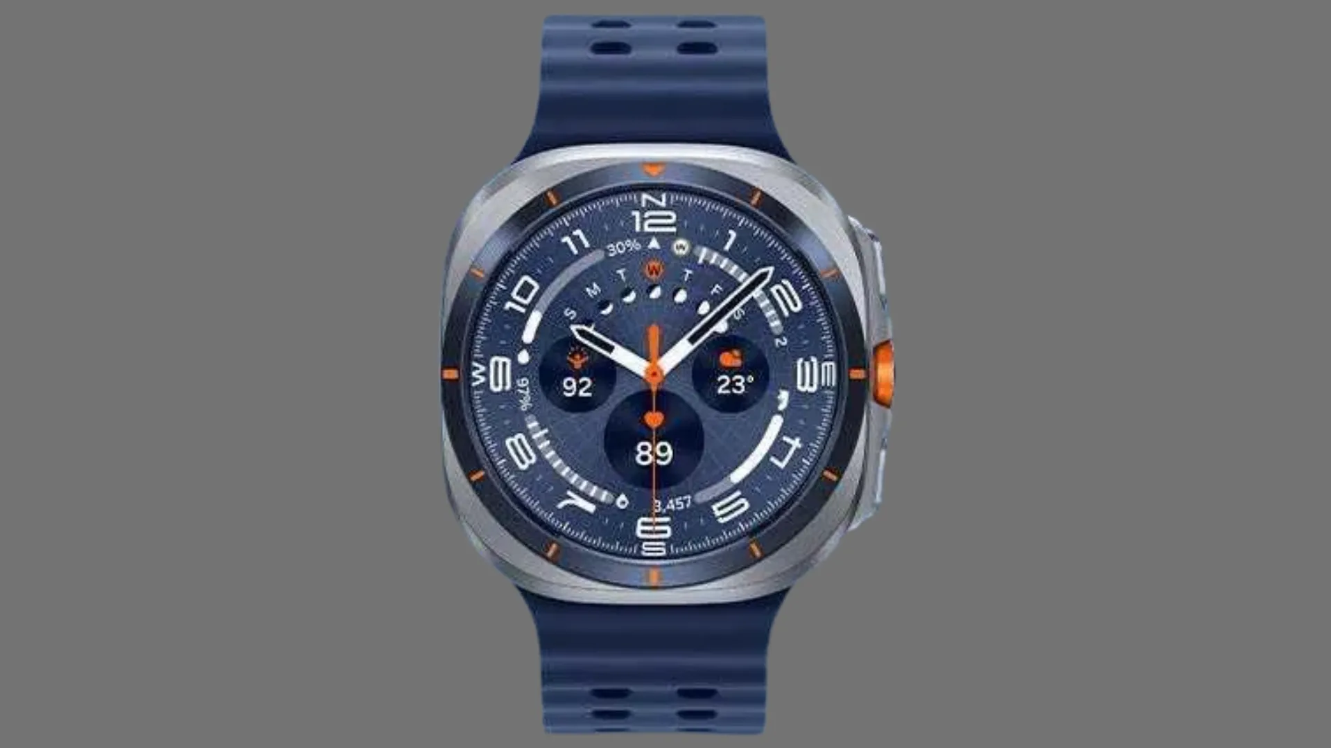 Hình ảnh render của Galaxy Watch Ultra (2025) trên nền trắng, cho thấy khung máy chắc chắn và màu xanh mới
