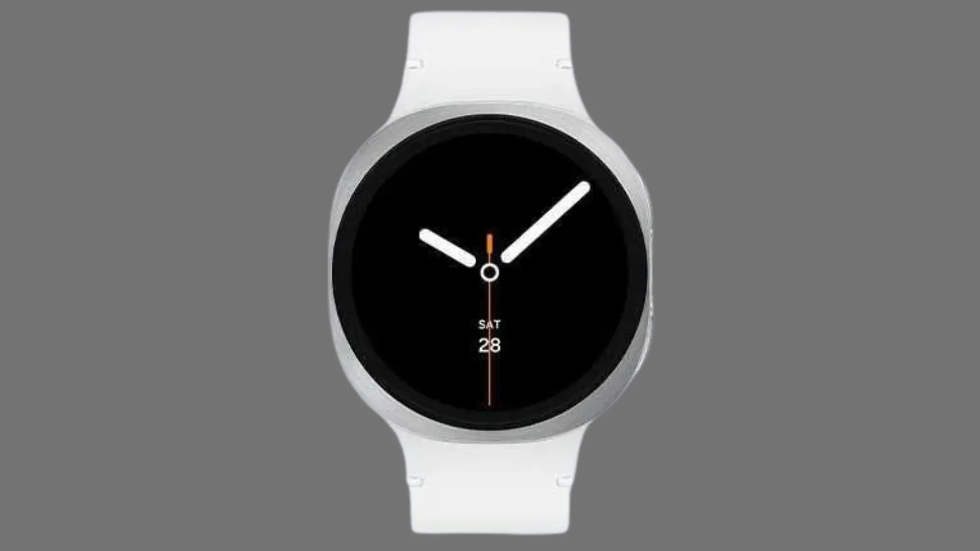 Hình ảnh render của Samsung Galaxy Watch 8 trên nền xám đơn giản, cho thấy thiết kế mặt vuông bo tròn mới