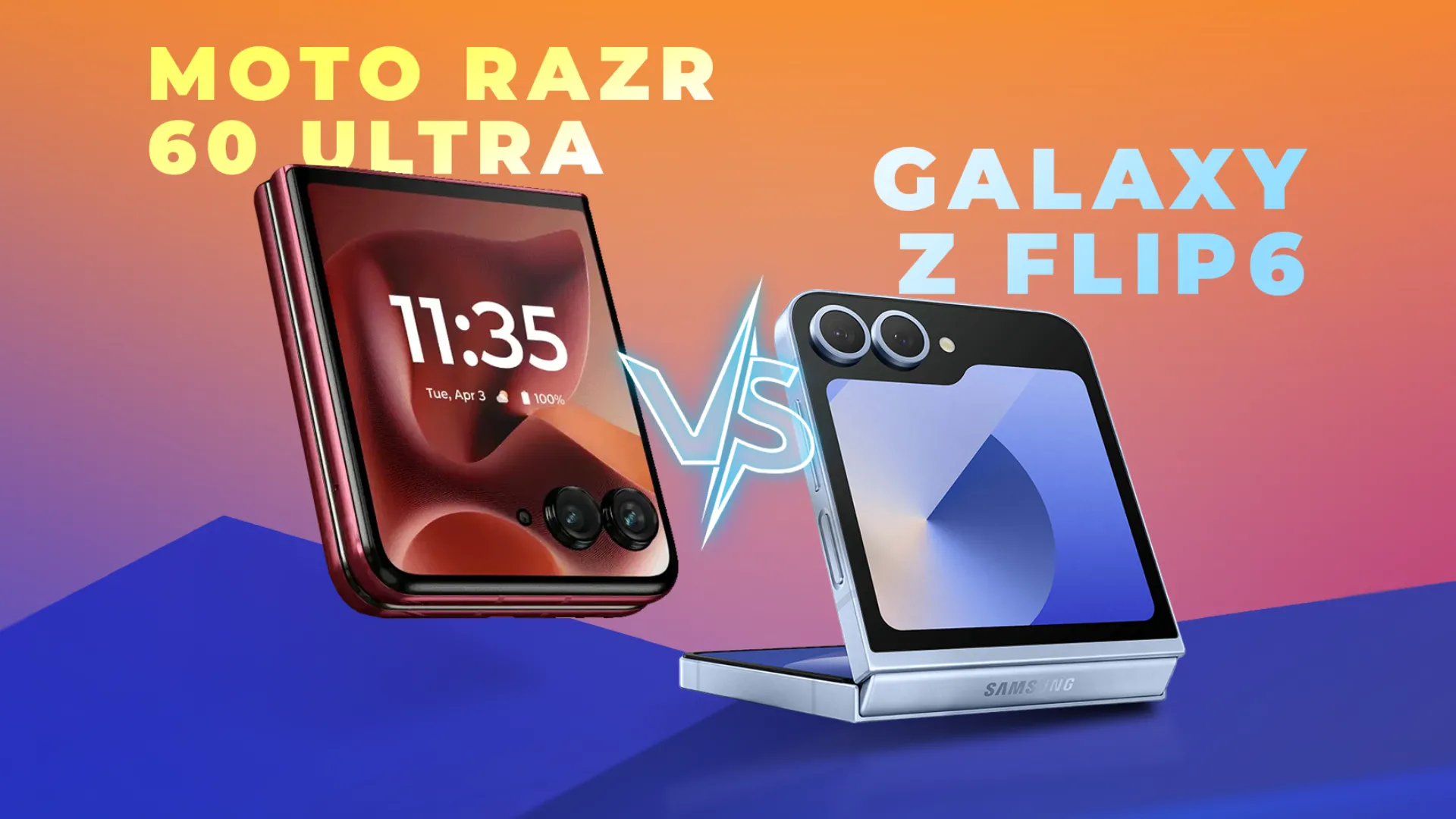 Hình ảnh so sánh thiết kế giữa Motorola Razr 60 Ultra và Samsung Galaxy Z Flip 6, thể hiện sự cạnh tranh trong phân khúc điện thoại gập.