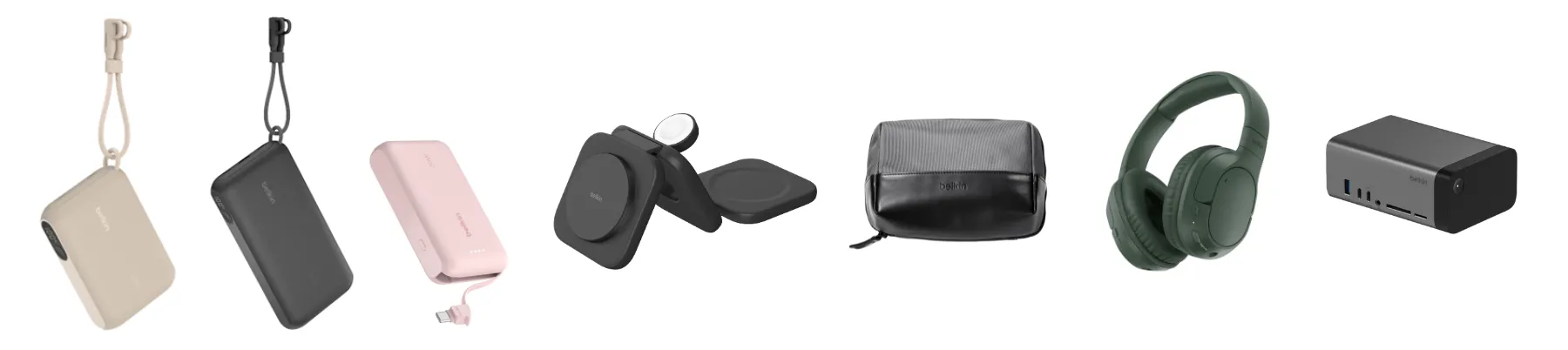 Hình ảnh tổng hợp các sản phẩm mới của Belkin bao gồm dock GaN, sạc dự phòng và phụ kiện khác được giới thiệu tại MWC 2025