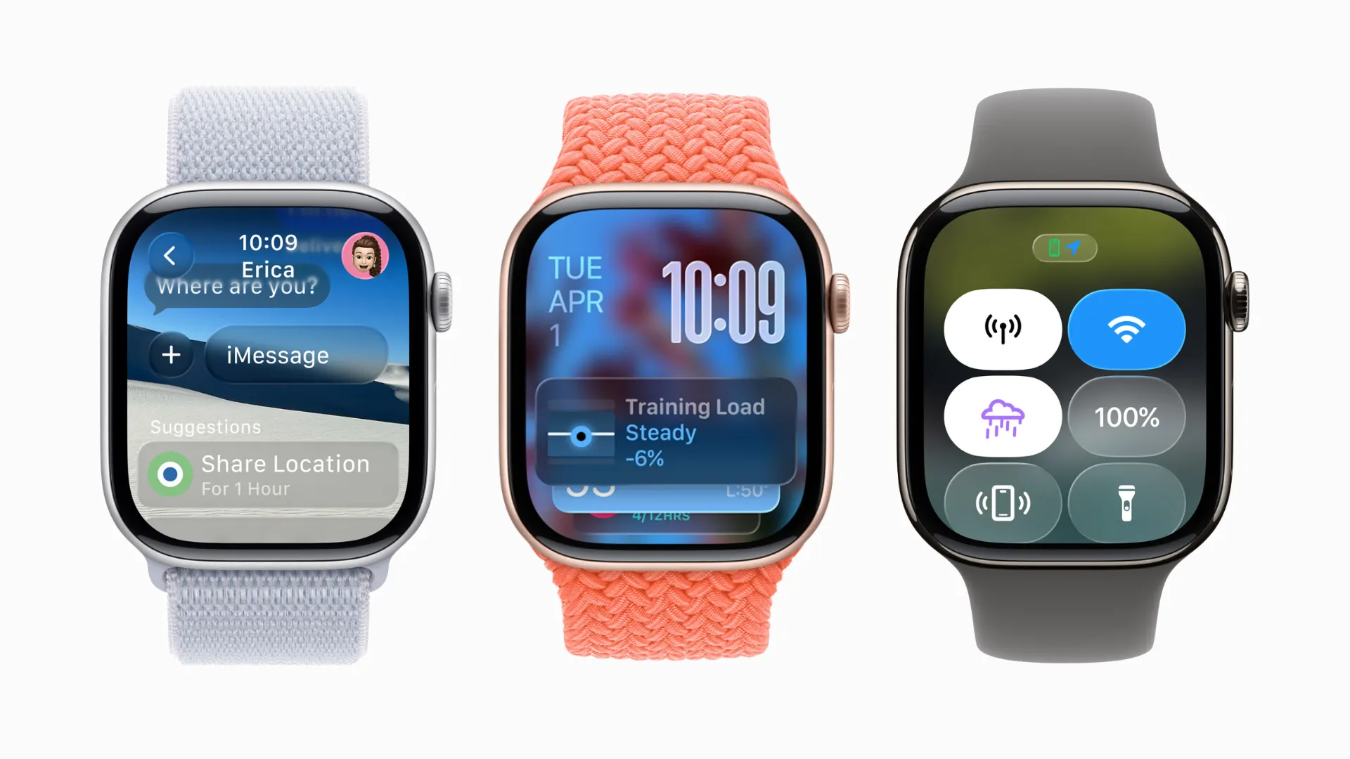 Hình ảnh ứng dụng Tin nhắn, Smart Stack và Trung tâm điều khiển trong watchOS 26