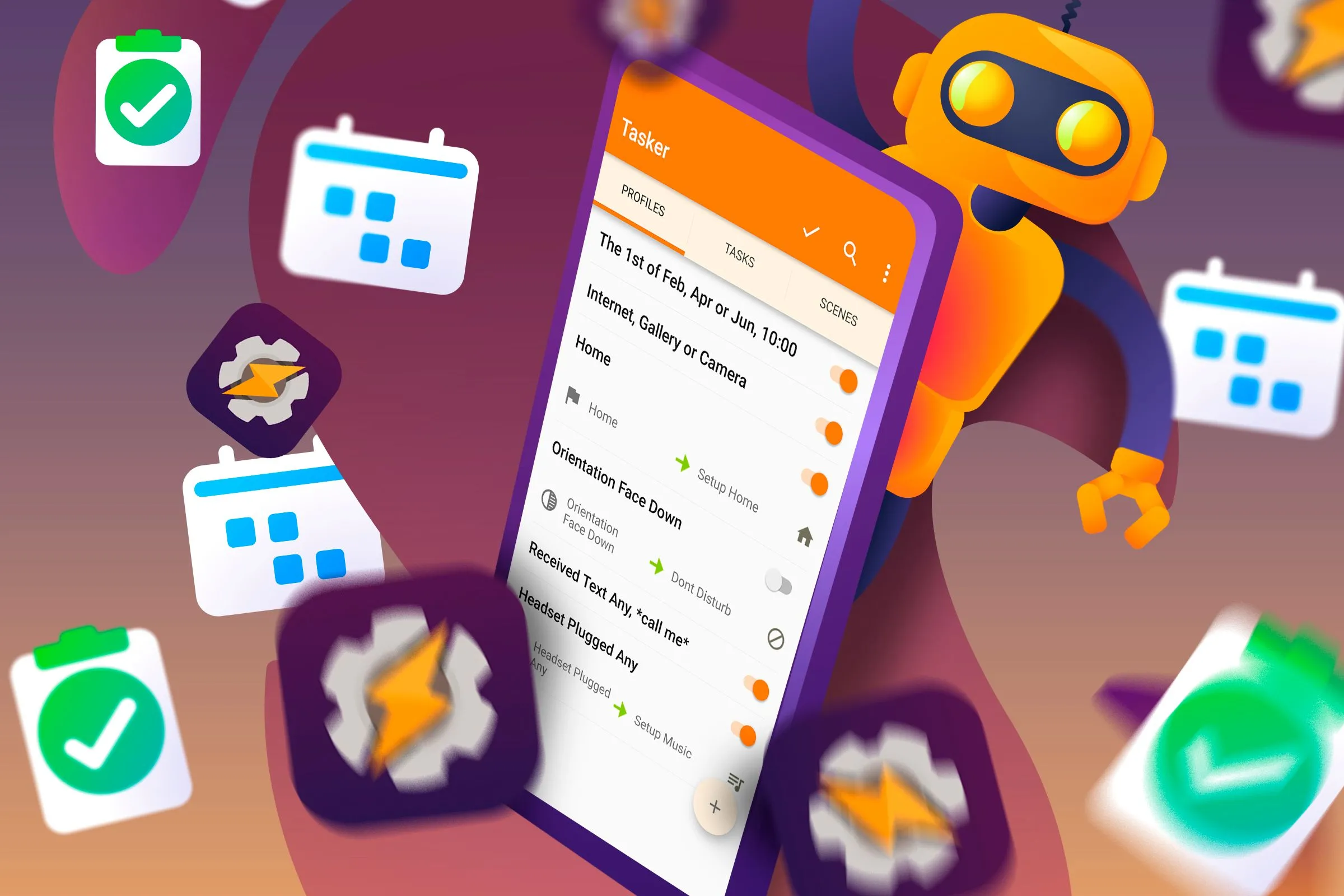 Hình minh họa điện thoại Android với các biểu tượng tự động hóa, tượng trưng cho khả năng của Tasker trong việc quản lý các tác vụ phức tạp.