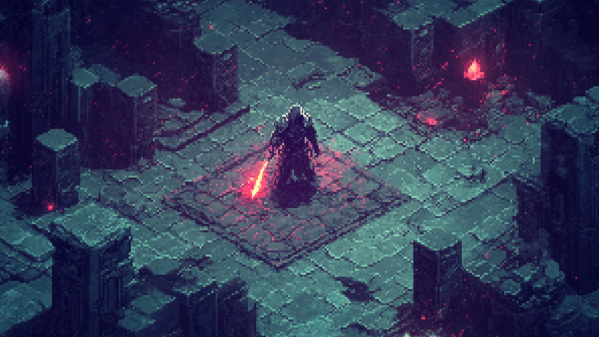 Hình minh họa nghệ thuật pixel về một game RPG isometric phong cách gothic, tương tự Diablo, với nhân vật mặc giáp ở trung tâm